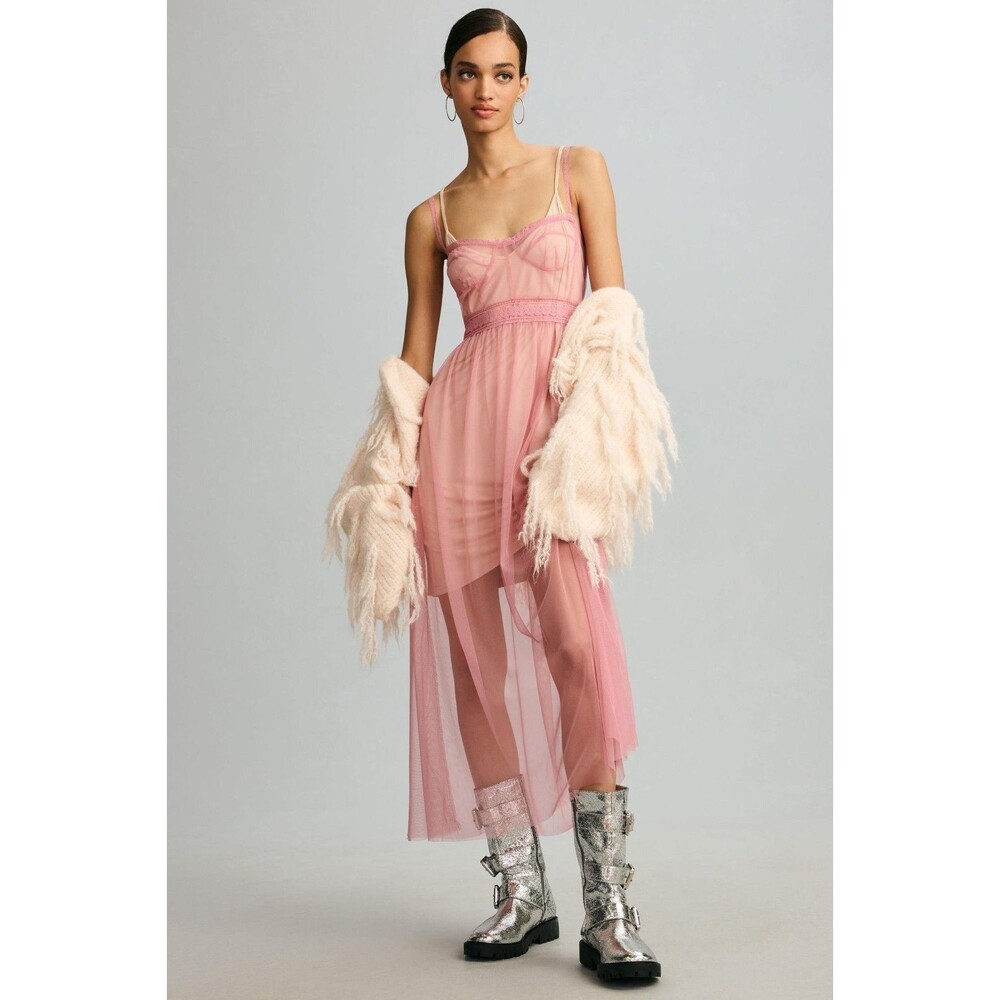 By Anthropologie Sheer Corset Slip Dress Sleeveless Lace Smocked S NWD 276279